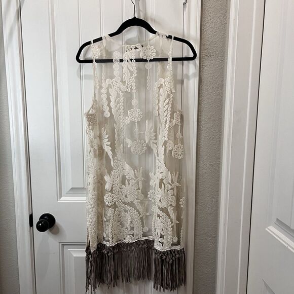 Origami by Vivien Duster Open Cardigan Embroidered Lace Sleeveless Fringe M/L - Picture 8 of 11